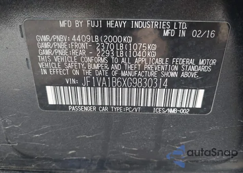 2016 Subaru Wrx z USA, uszkodzony, nr VIN JF1VA1B6XG9830314